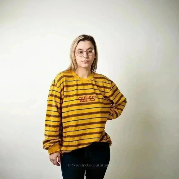 Vintage 90s GUESS Striped Long Sleeve Tee - L - Picture 5 of 7